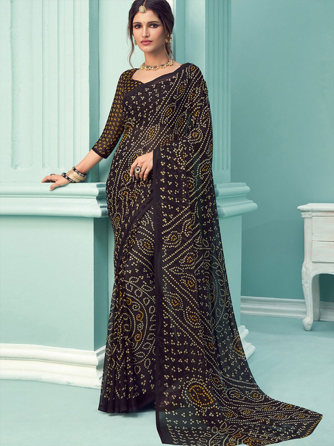 

ODETTE Bandhani Printed Saree, Black
