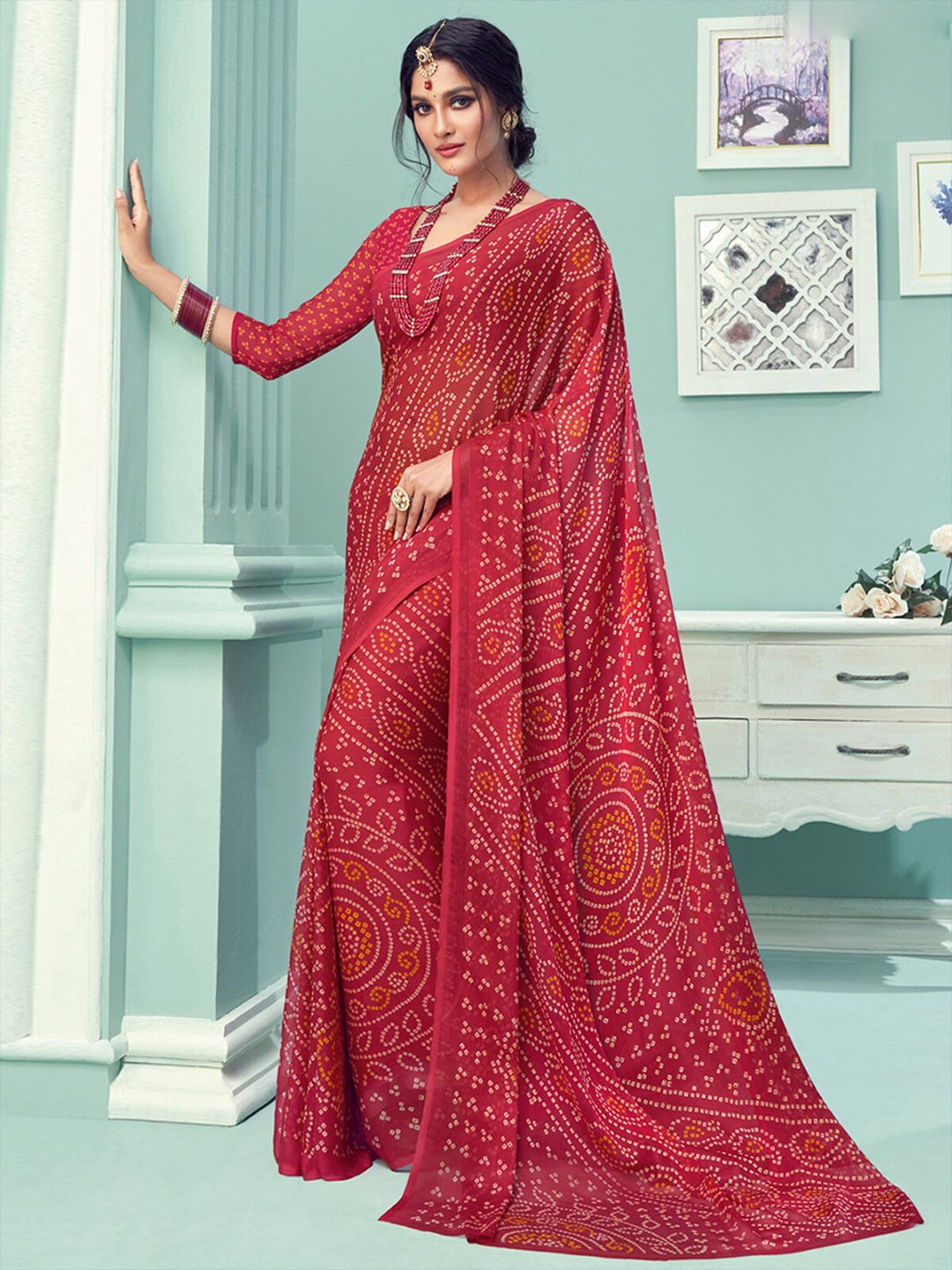 

ODETTE Bandhani Poly Chiffon Saree, Red