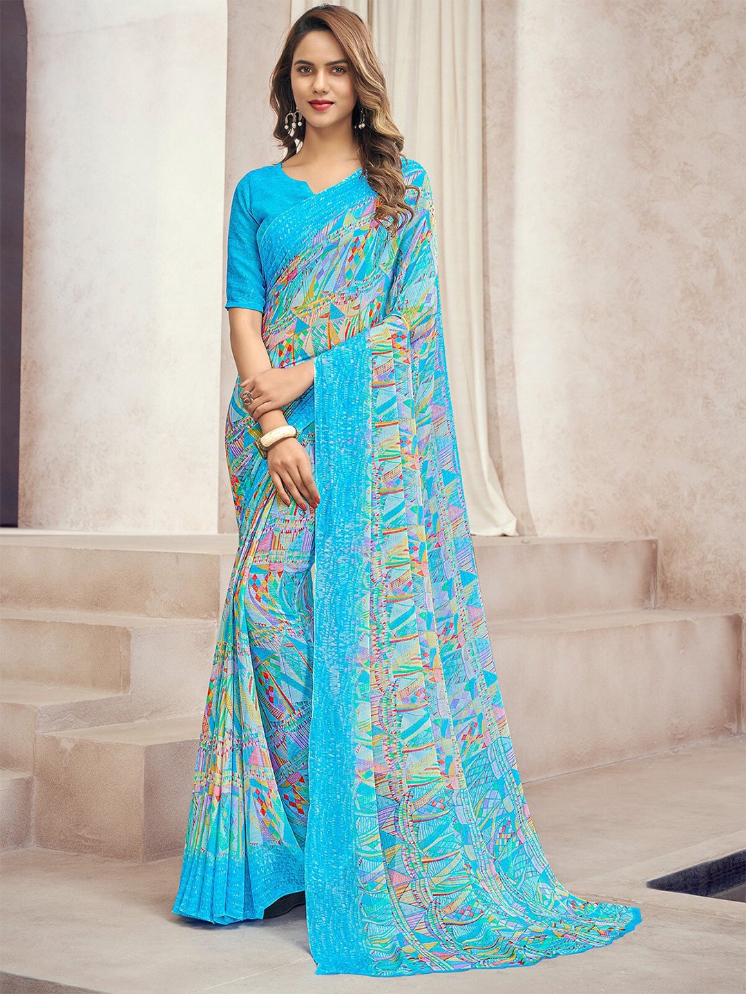 

ODETTE Abstract Printed Saree, Blue