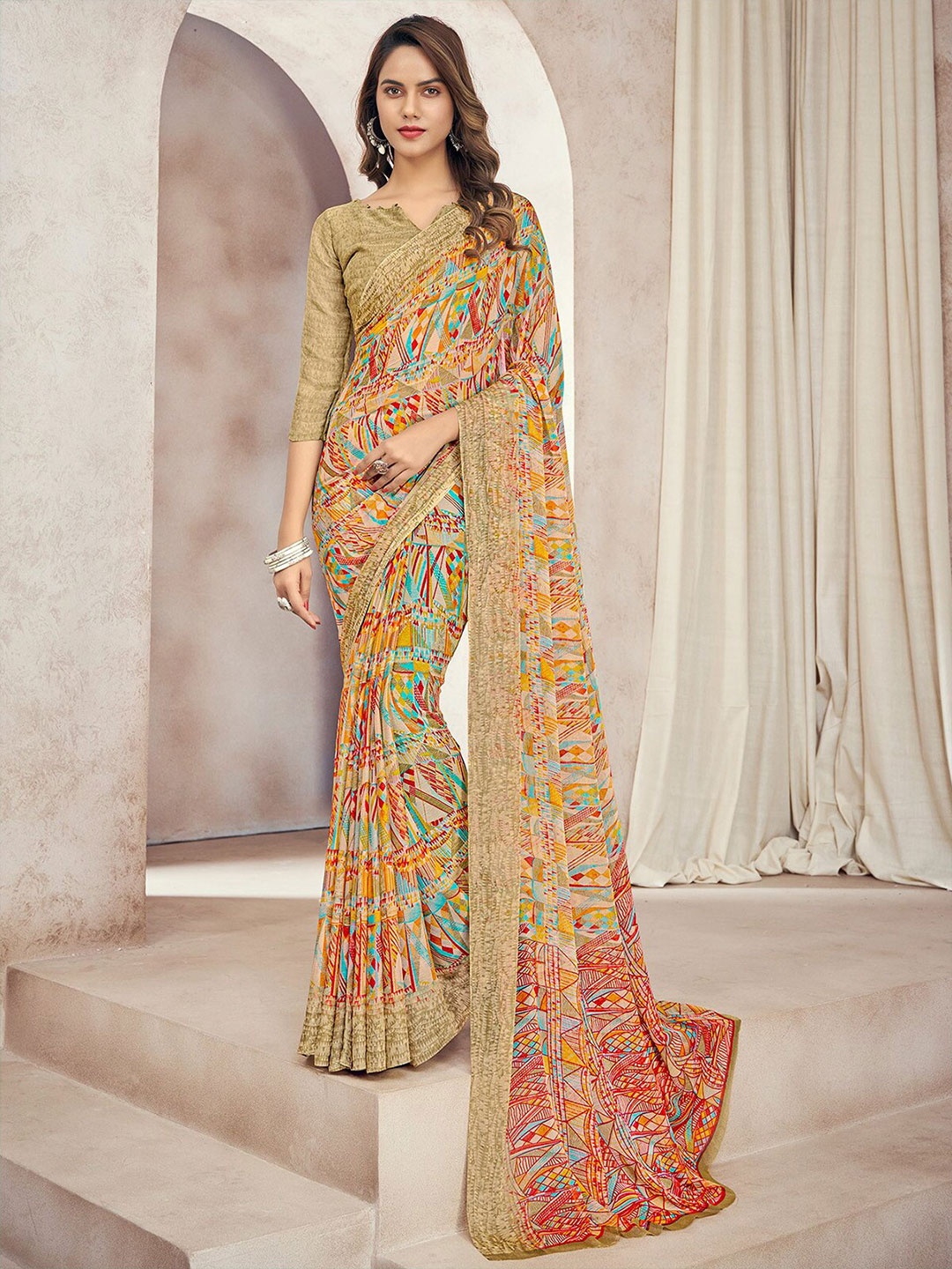 

ODETTE Printed Chiffon Saree, Beige