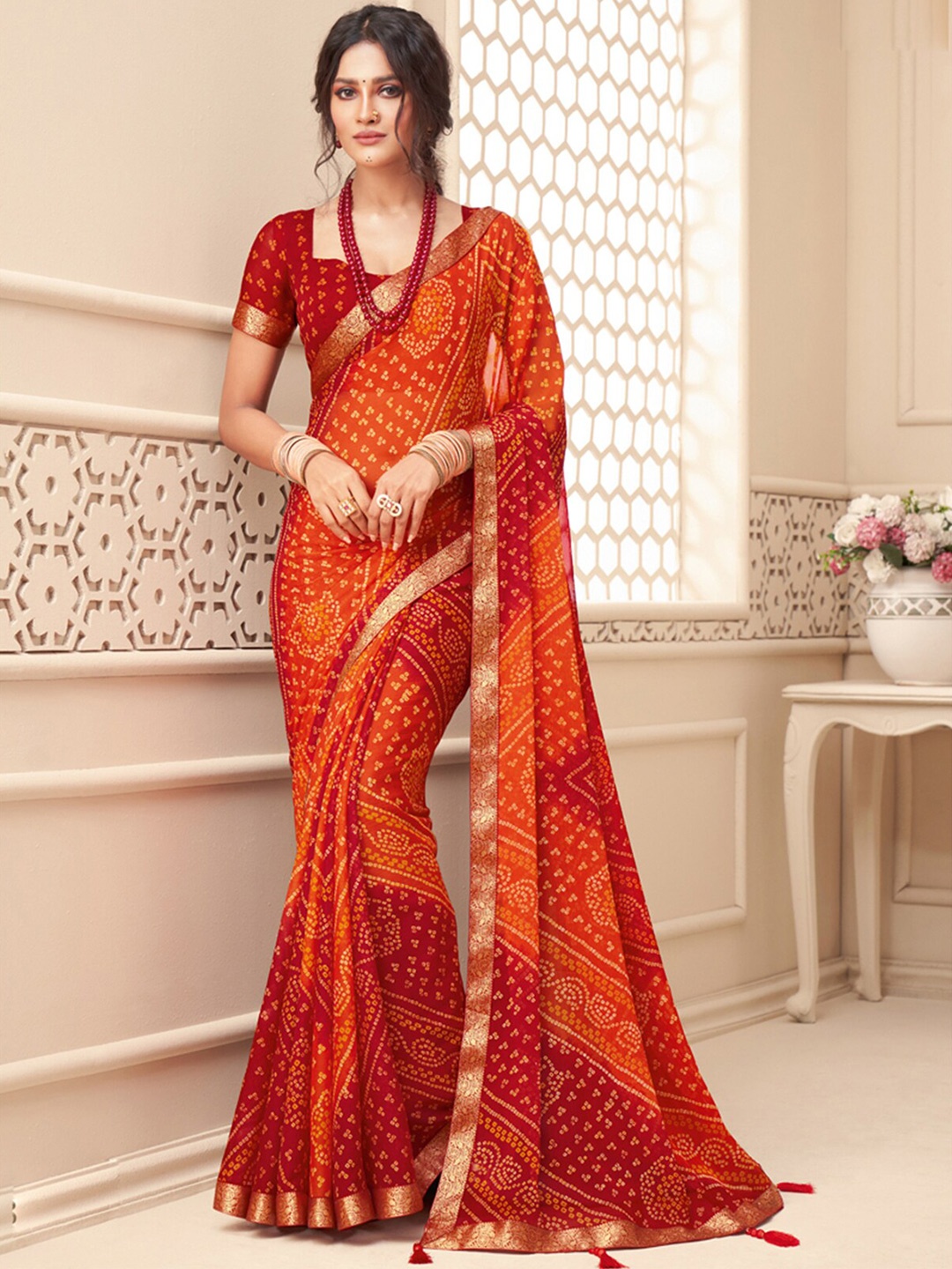 

ODETTE Bandhani Printed Zari Border Saree, Orange