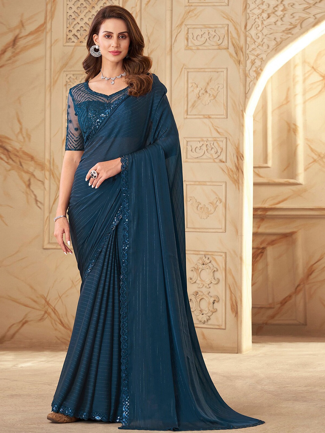 

ODETTE Vertical Striped Saree With Sequinned Embellished Blouse, Green