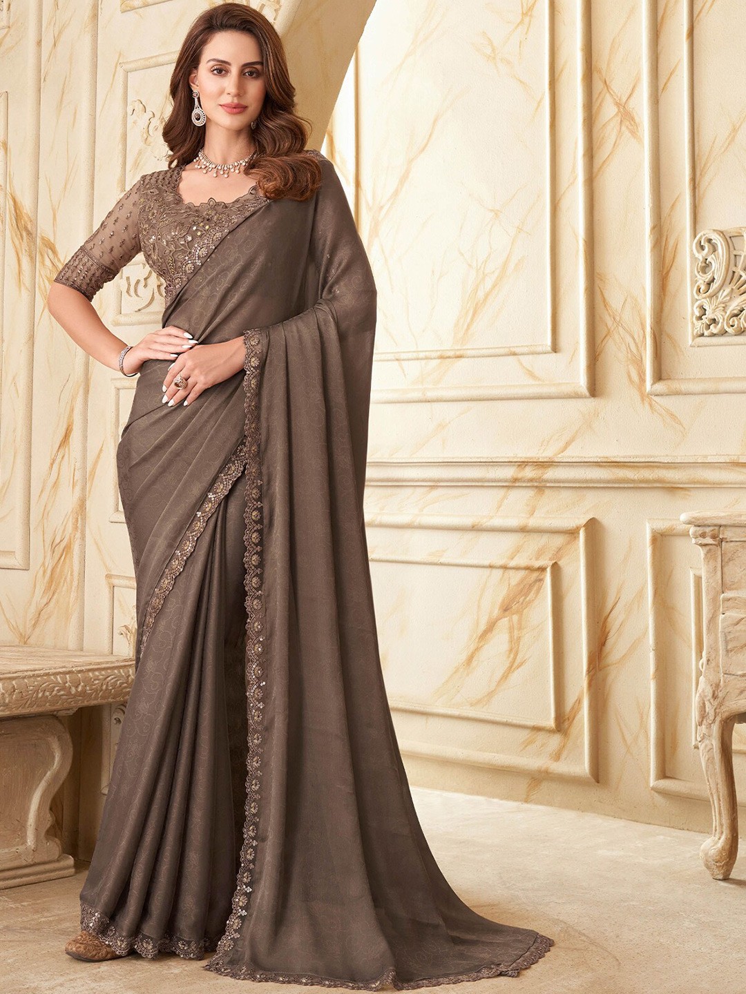

ODETTE Sequinned Poly Chiffon Saree, Brown