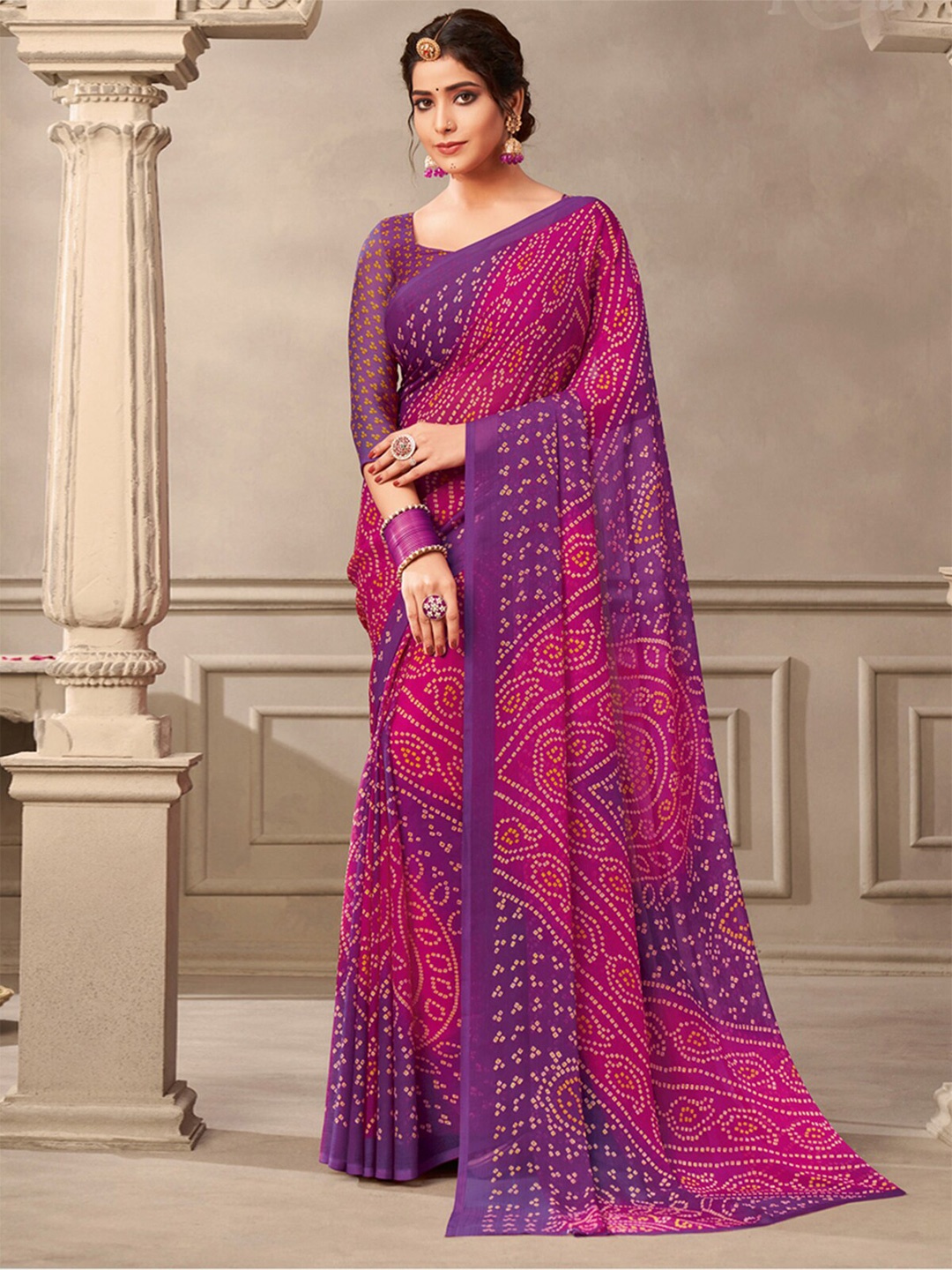 

ODETTE Bandhani Printed Saree, Pink