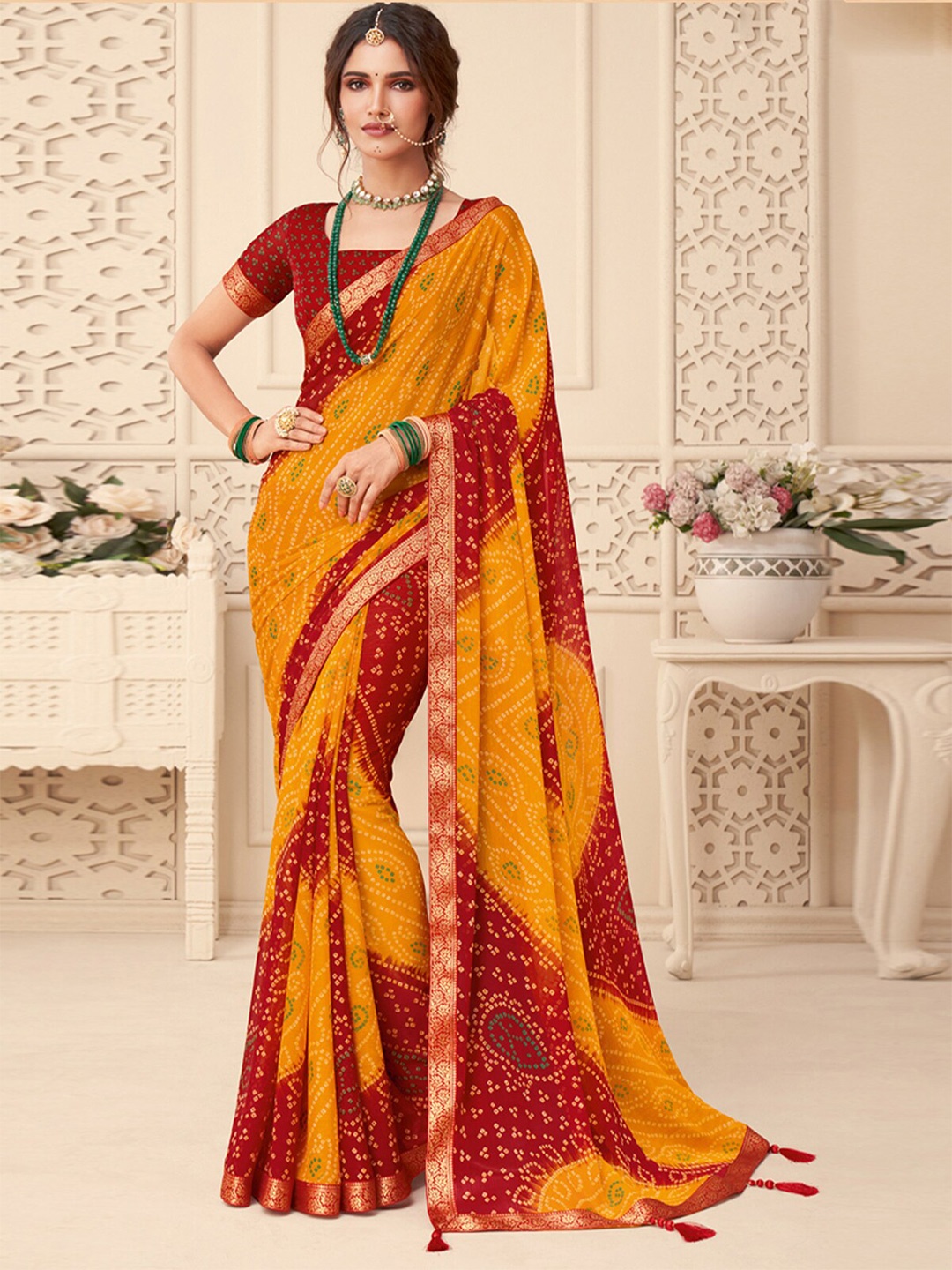 

ODETTE Bandhani Print Zari Chiffon Saree, Mustard