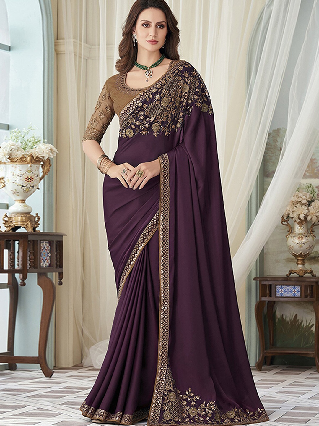 

ODETTE Floral Embroidered Silk Saree, Purple