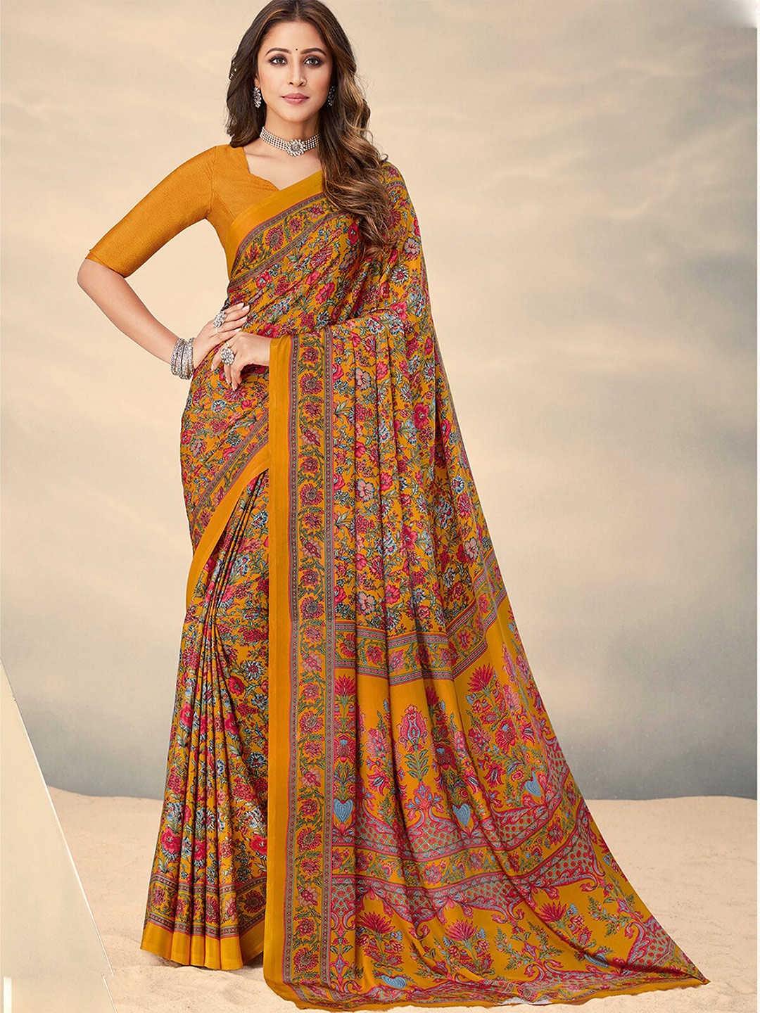 

ODETTE Ethnic Motifs Printed Saree, Mustard