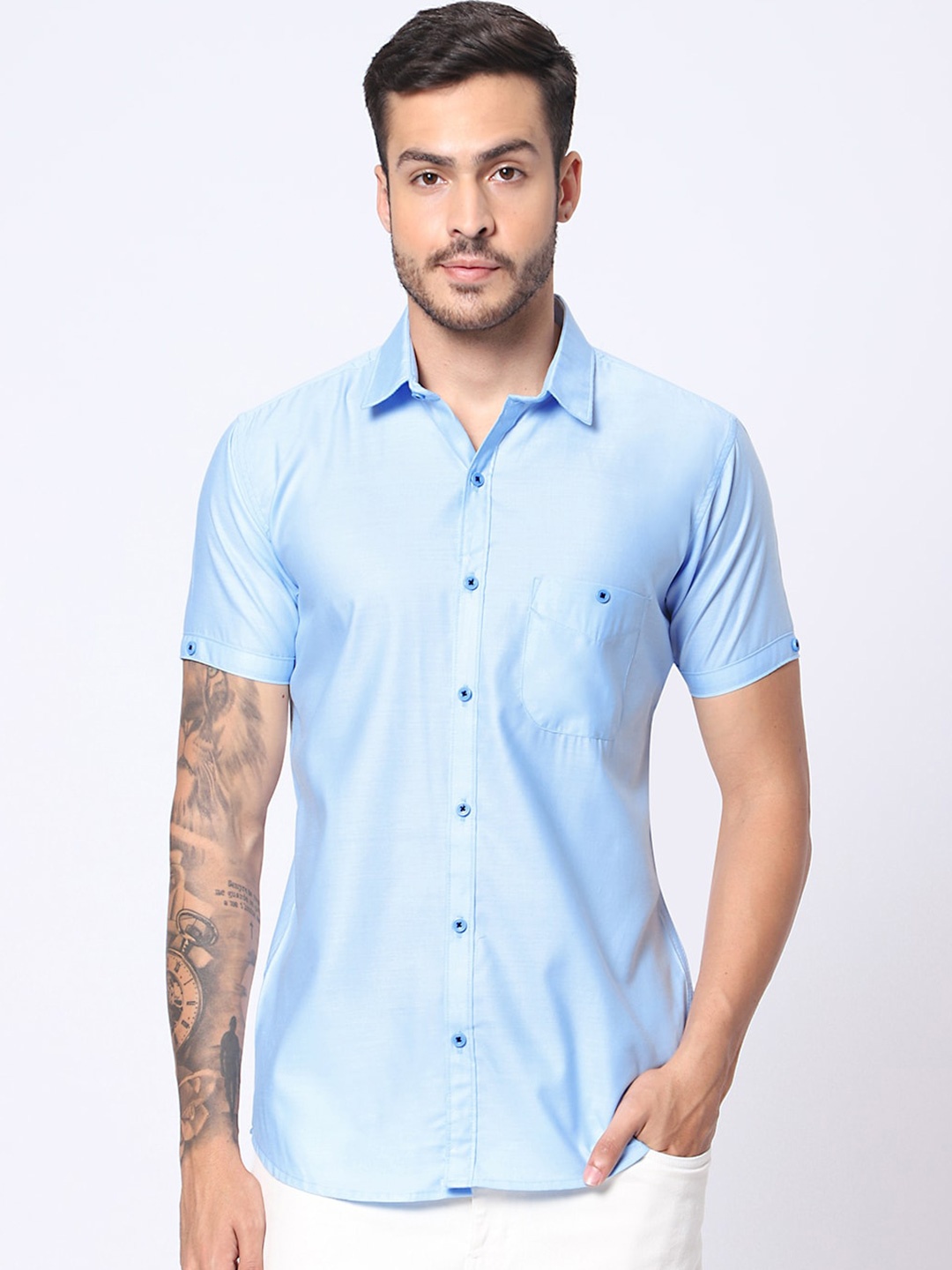 

N AND J Classic Spread Collar Cotton Casual Shirt, Turquoise blue