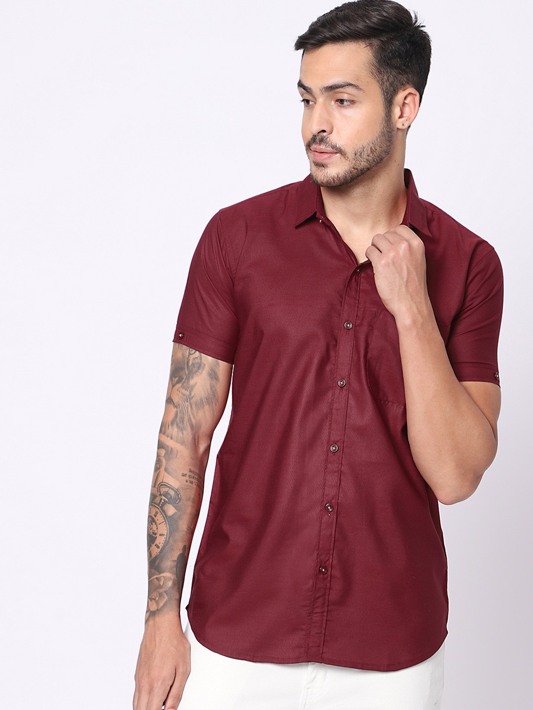 

N AND J Classic Spread Collar Cotton Casual Shirt, Maroon