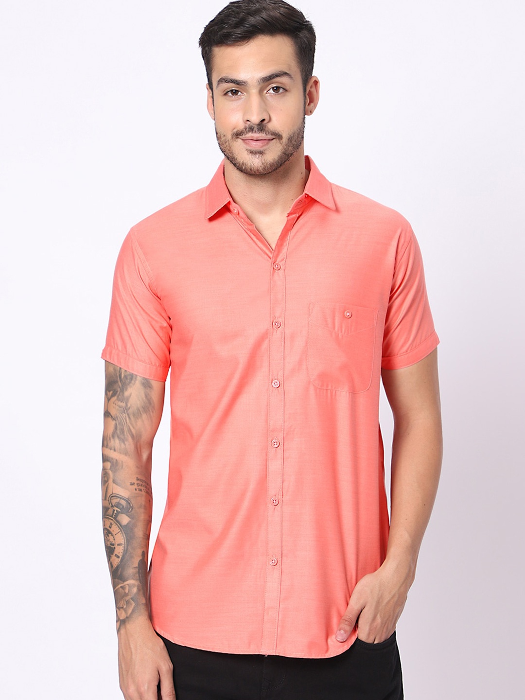 

N AND J Classic Spread Collar Cotton Casual Shirt, Coral