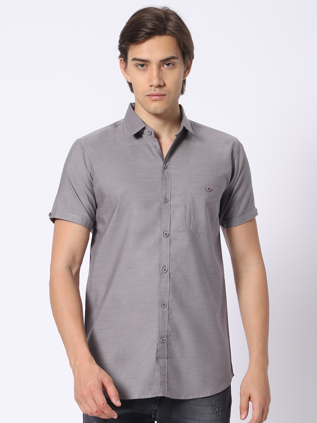 

N AND J Classic Spread Collar Cotton Casual Shirt, Grey