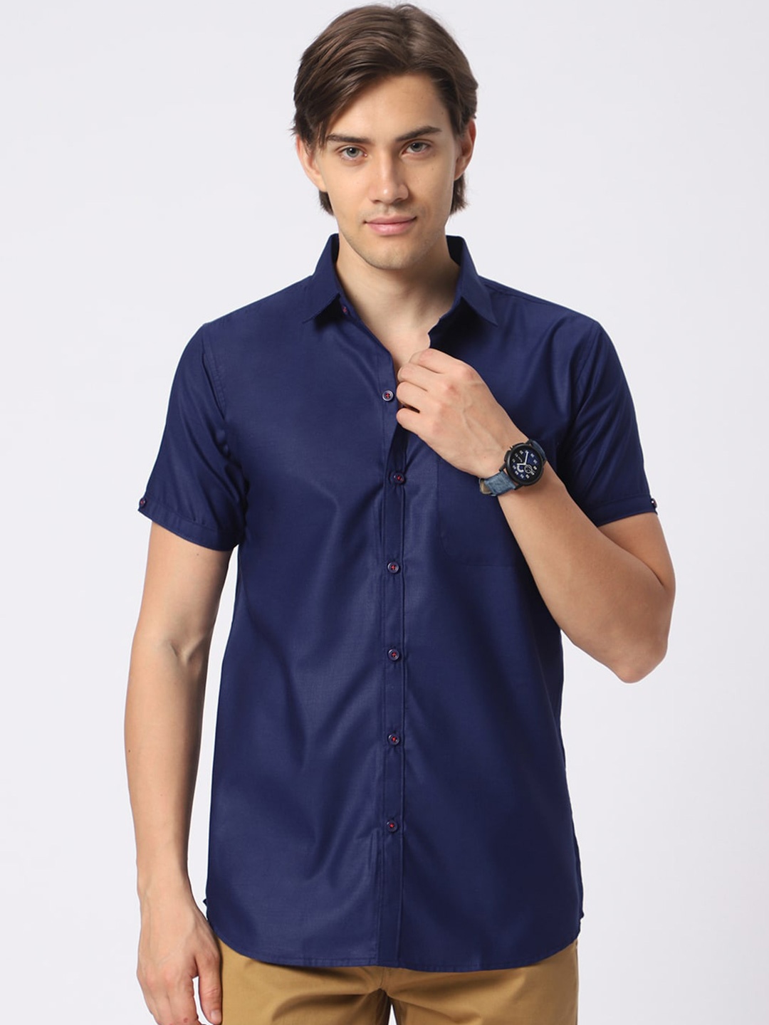 

N AND J Classic Spread Collar Cotton Casual Shirt, Blue