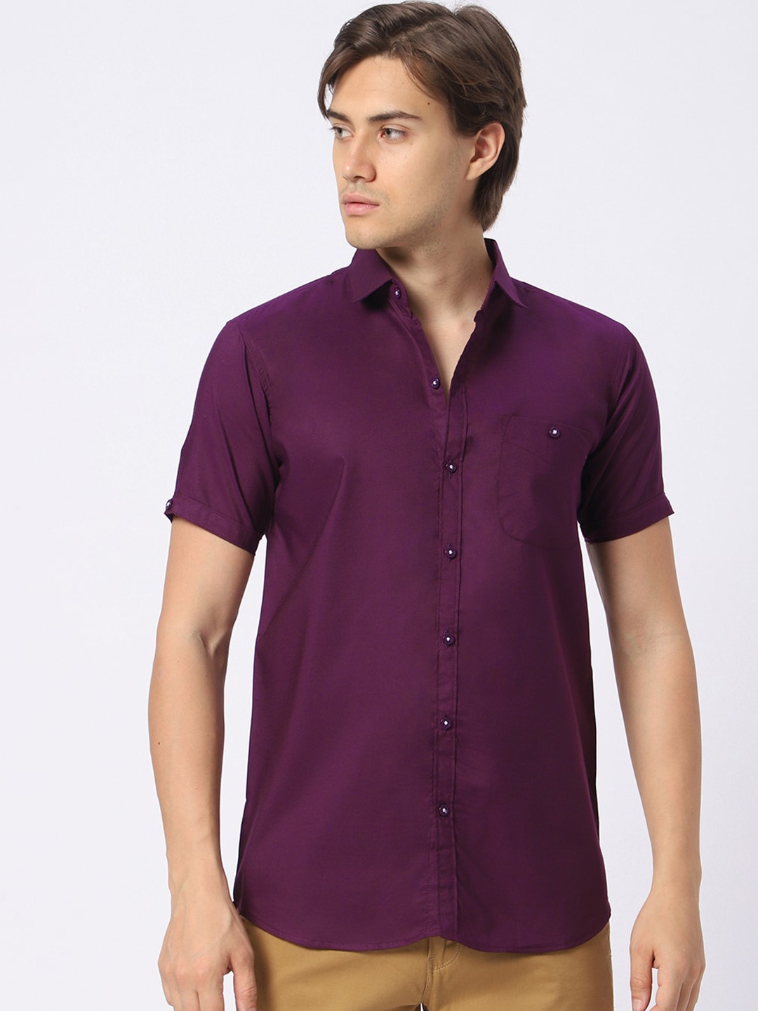 

N AND J Classic Spread Collar Cotton Casual Shirt, Purple