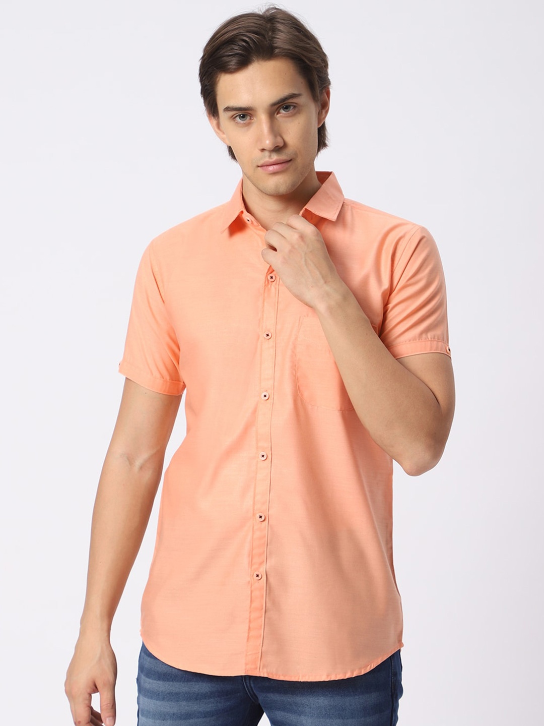 

N AND J Classic Spread Collar Cotton Casual Shirt, Peach