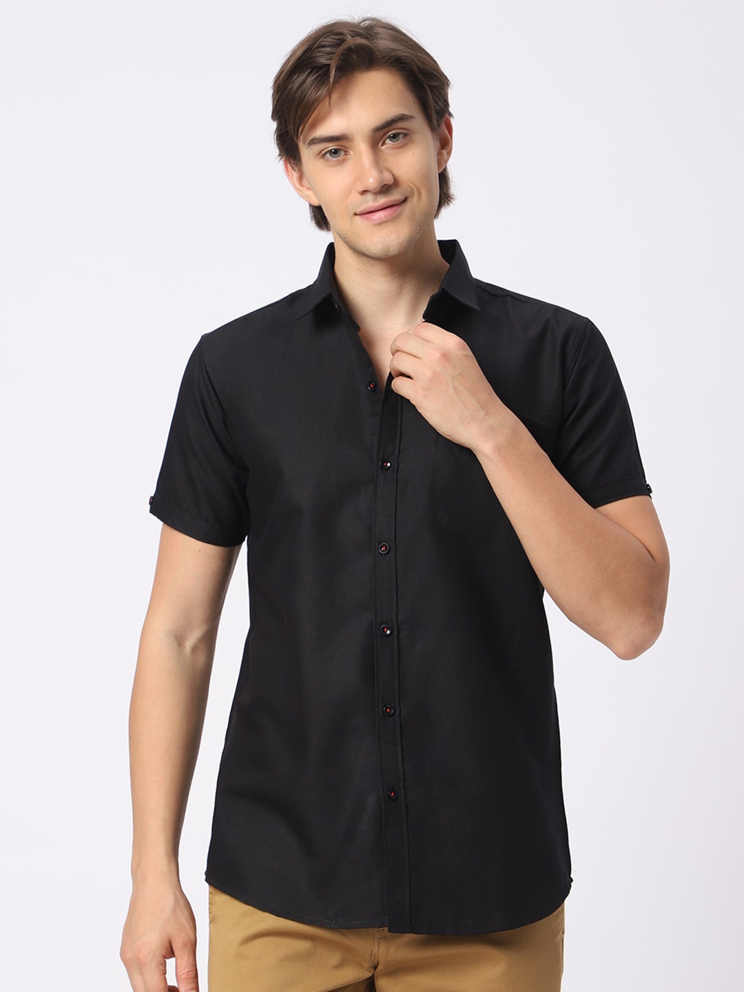 

N AND J Classic Spread Collar Cotton Casual Shirt, Black