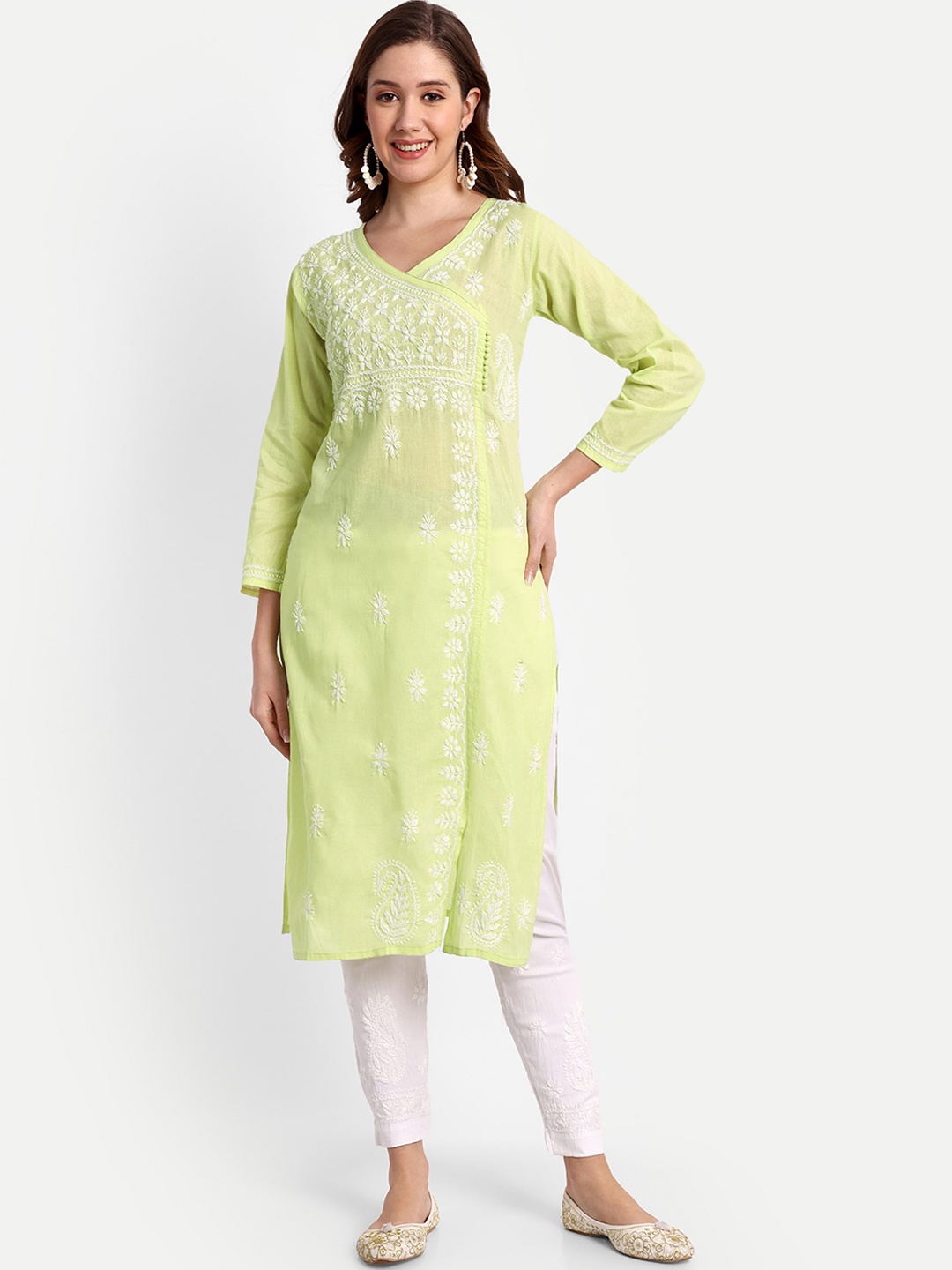 

Indiankala4u Floral Embroidered Cotton Kurta, Lime green