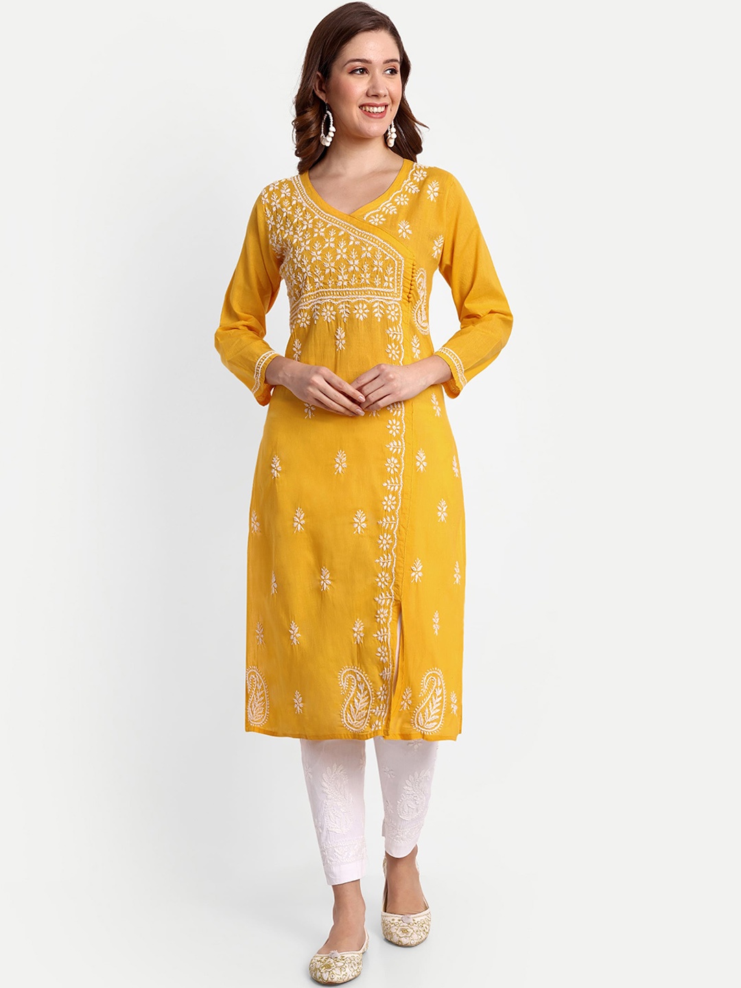 

Indiankala4u Ethnic Motifs Embroidered Chikankari Pure Cotton Angrakha Kurta, Mustard