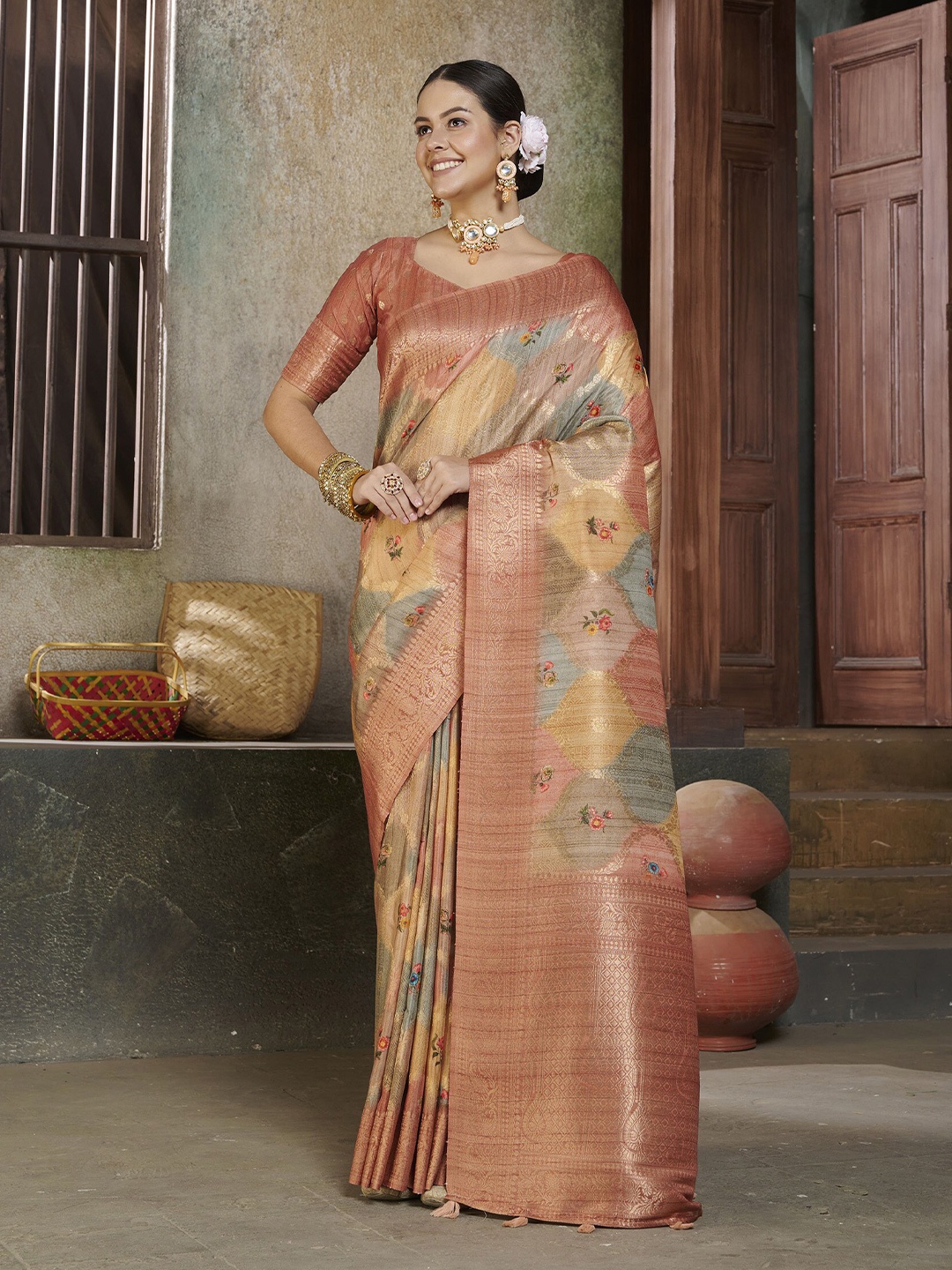 

elora Floral Woven Design Zari Bhagalpuri Saree, Grey