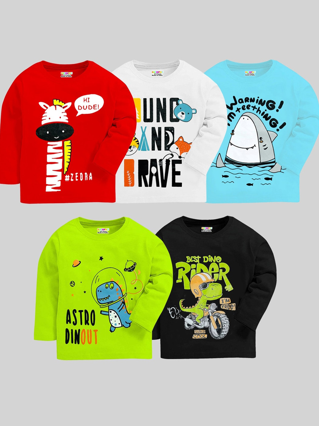 

KUCHIPOO Boys Pack Of 5 Typography Printed T-Shirts, Red