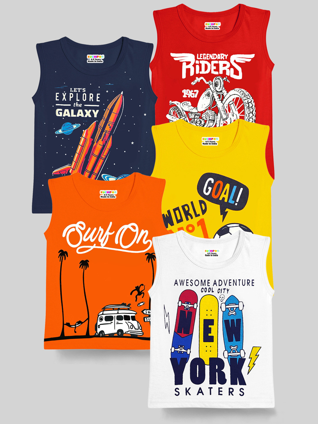 

KUCHIPOO Boys Pack Of 5 Graphic Printed Sleeveless T-Shirts, Orange