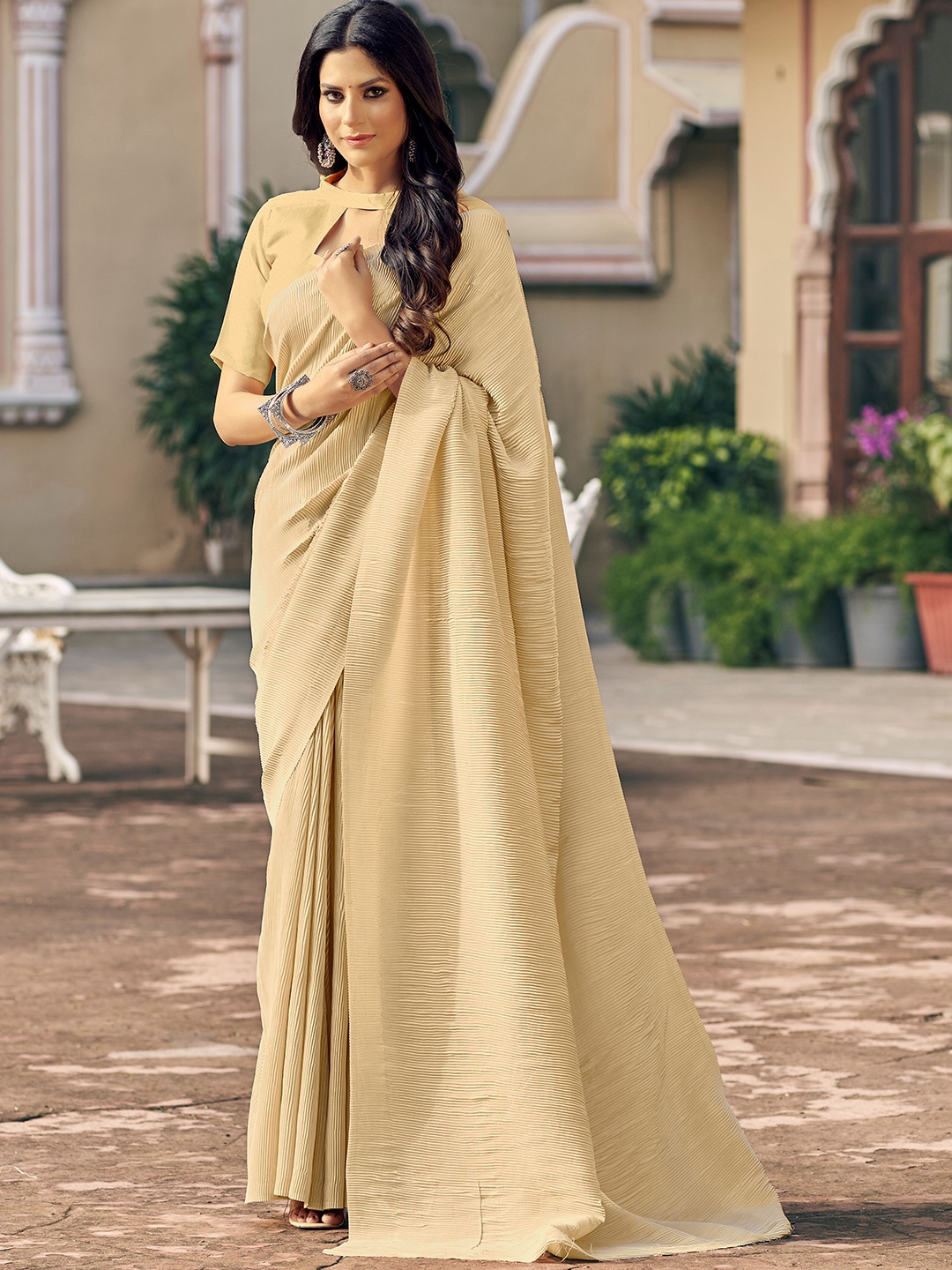 

Somras Accordion Pleated Sarees, Beige