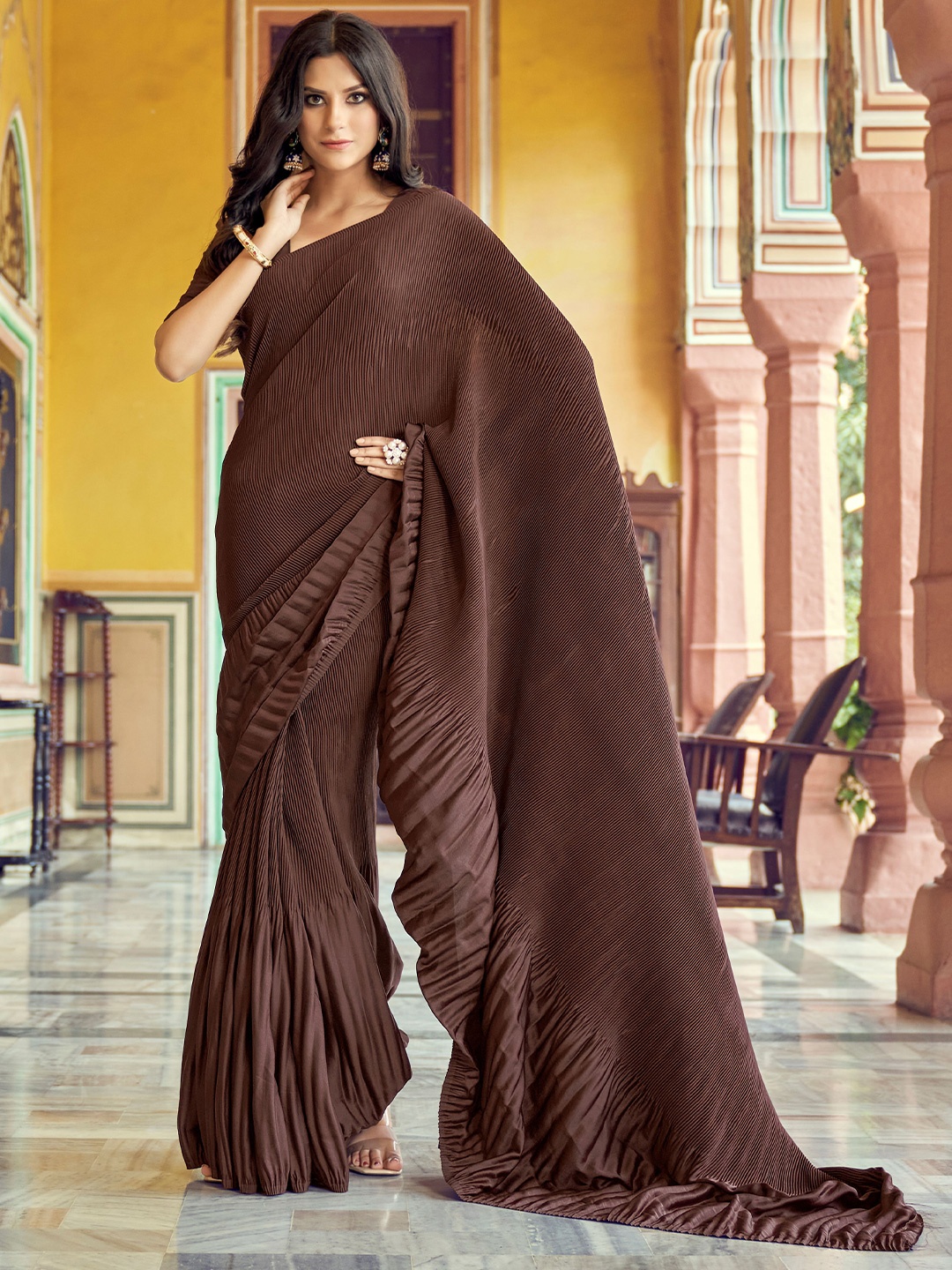 

Somras Accordion Pleated Sarees, Brown