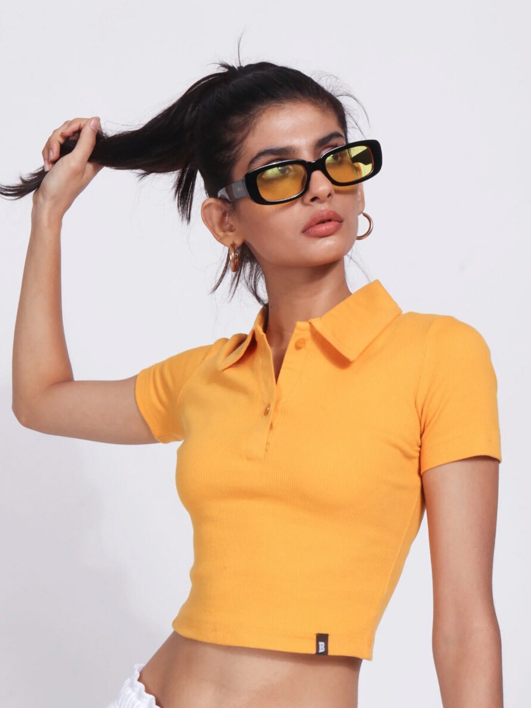 

Bonkers Corner Yellow Ribbed Shirt Collar Fitted Crop Cotton Top