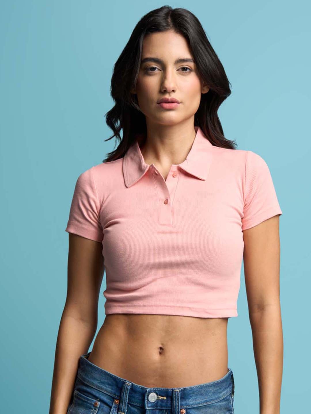

Bonkers Corner Pink Ribbed Shirt Collar Fitted Crop Cotton Top