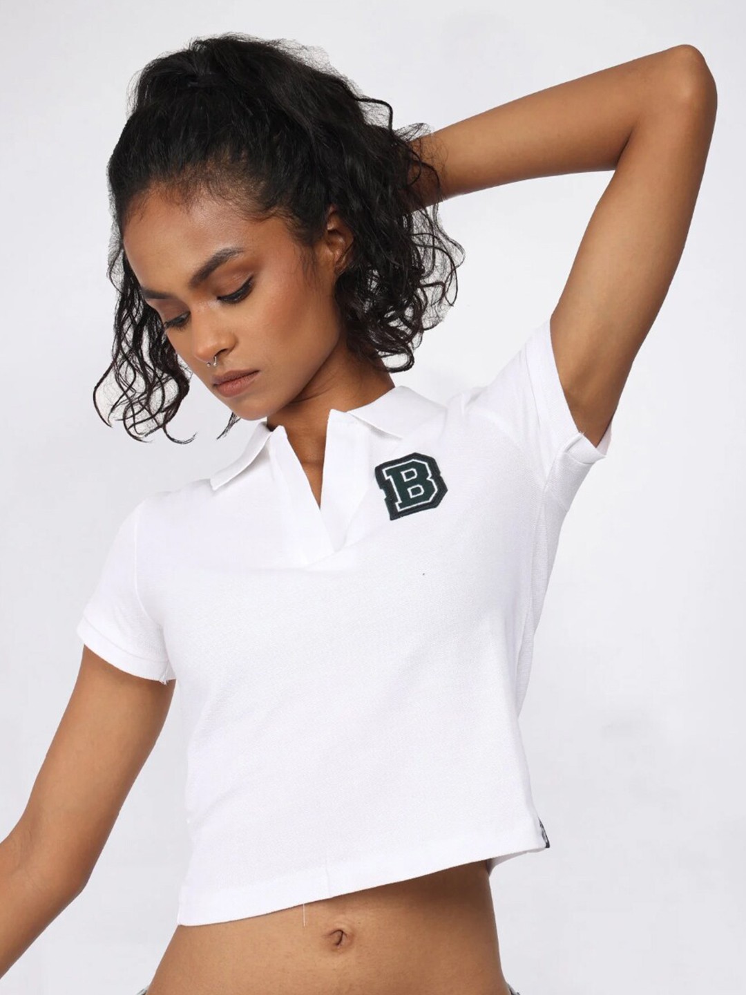 

Bonkers Corner White Ribbed Shirt Collar Cotton Fitted Crop Top