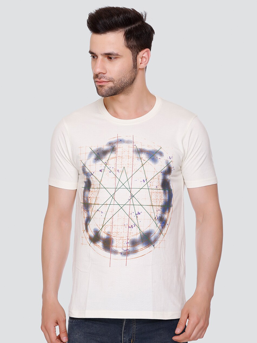 

LEAD & RIDE Graphic Printed Cotton Casual T-Shirt, Cream