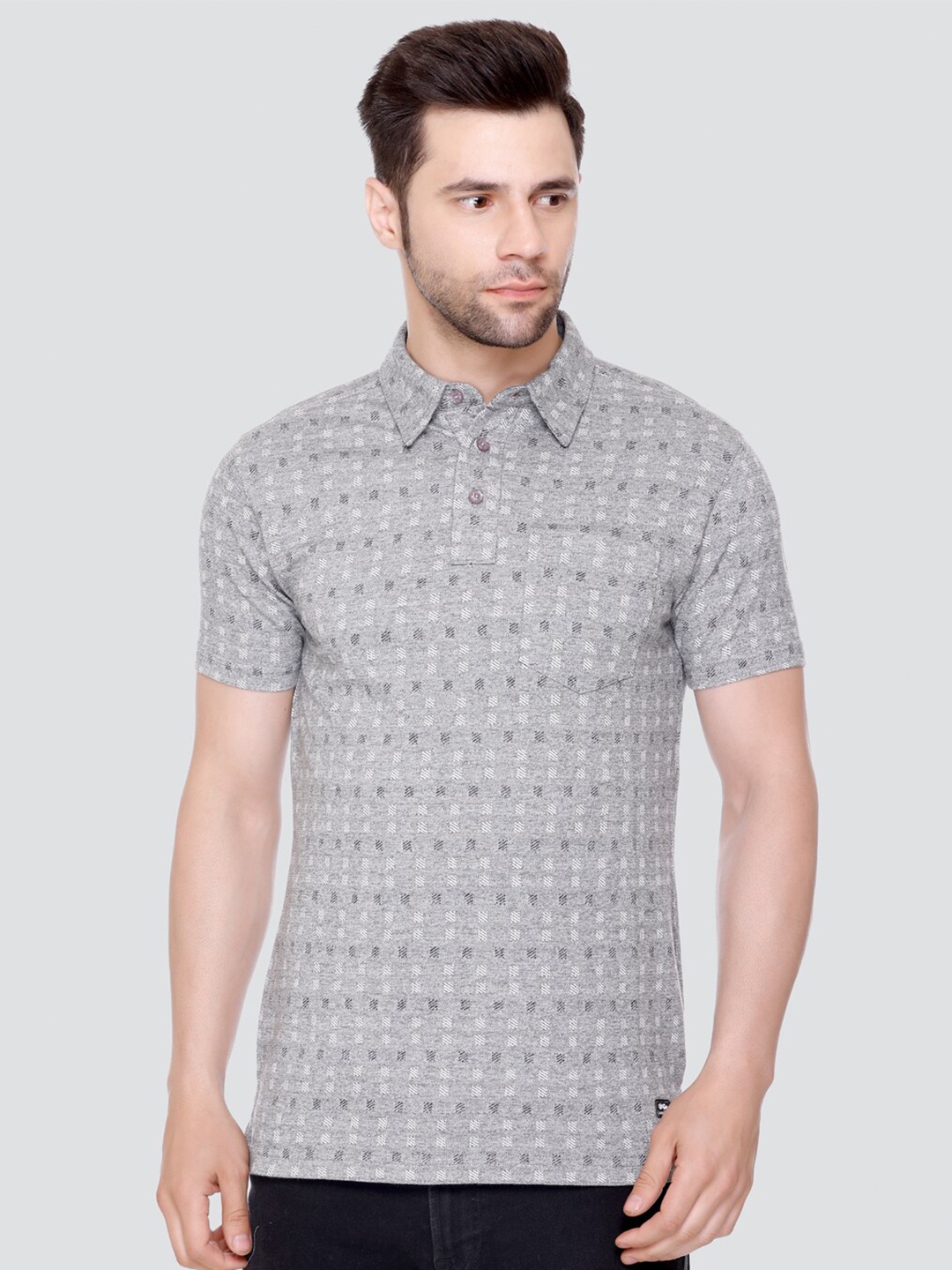 

LEAD & RIDE Abstract Printed Polo Collar Pockets T-shirt, Grey
