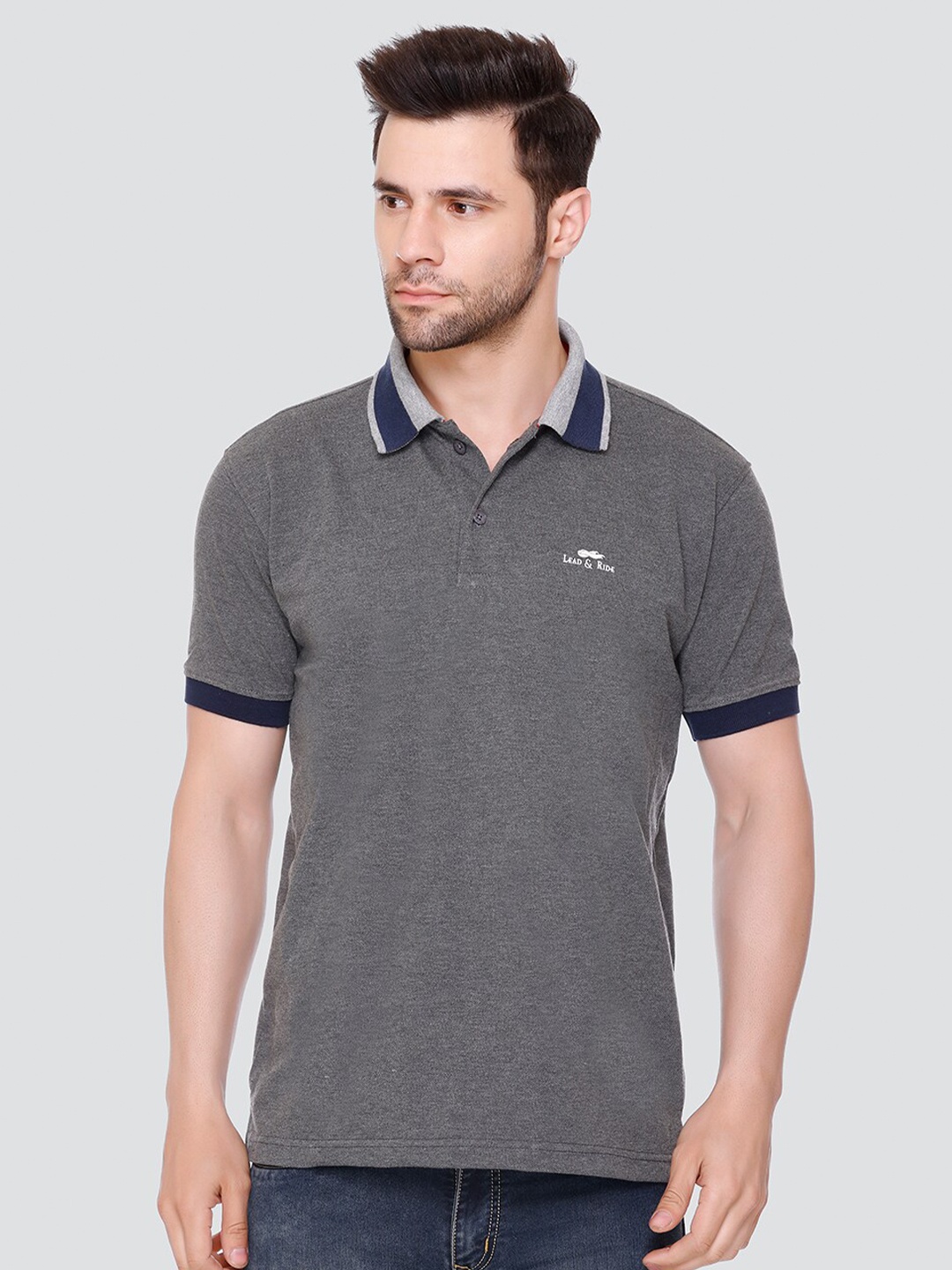 

LEAD & RIDE Polo Collar Cotton T-Shirt, Grey