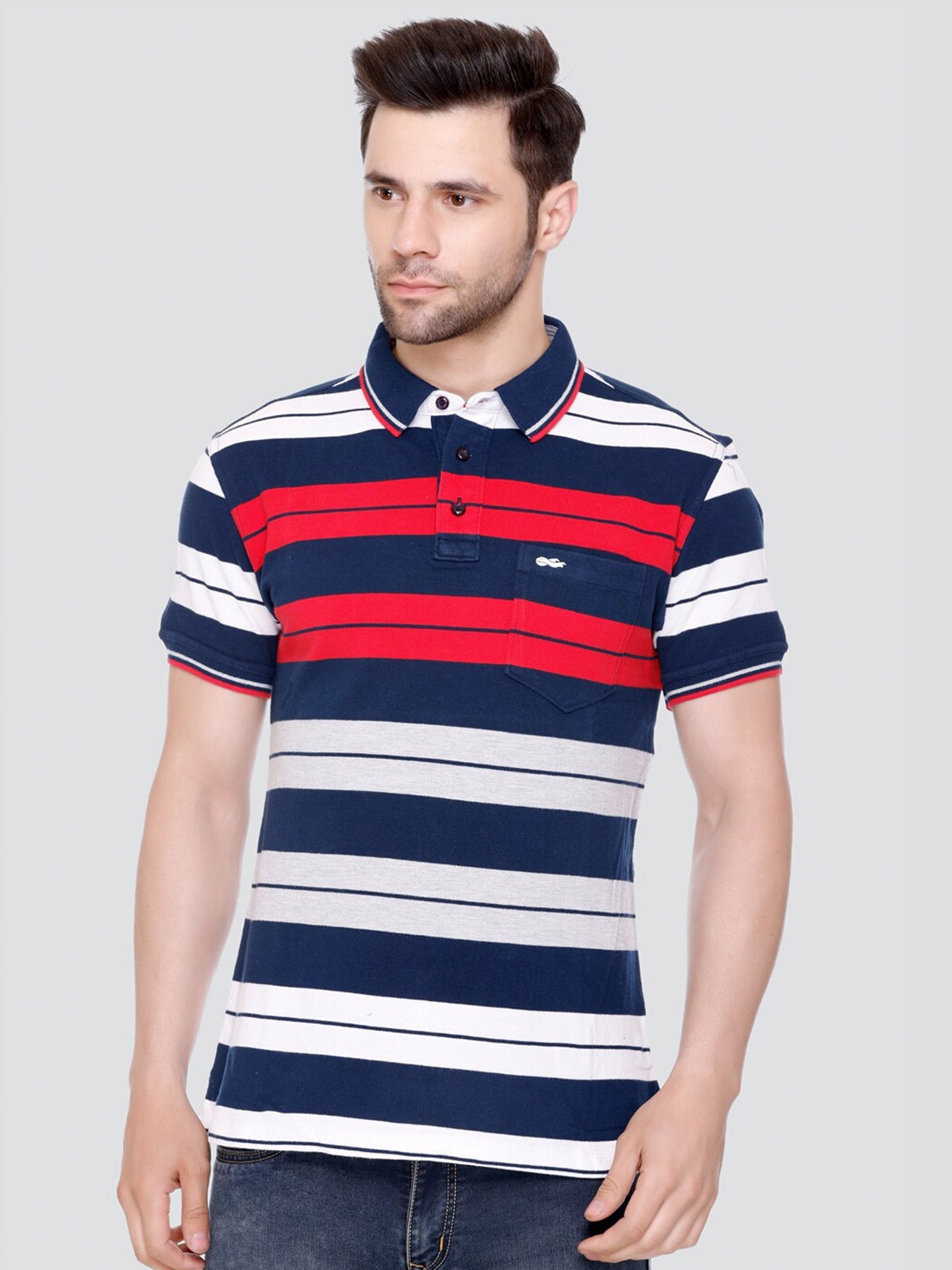 

LEAD & RIDE Striped Polo Collar Cotton T-Shirt, Red