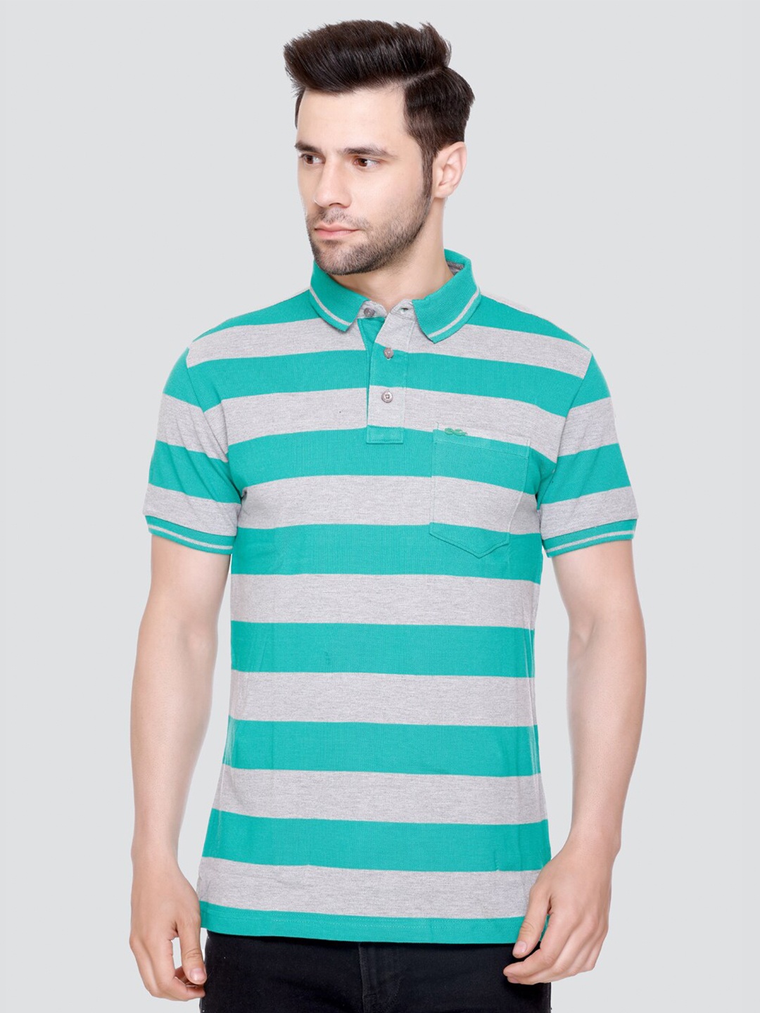 

LEAD & RIDE Striped Polo Collar Cotton T-Shirt, Turquoise blue