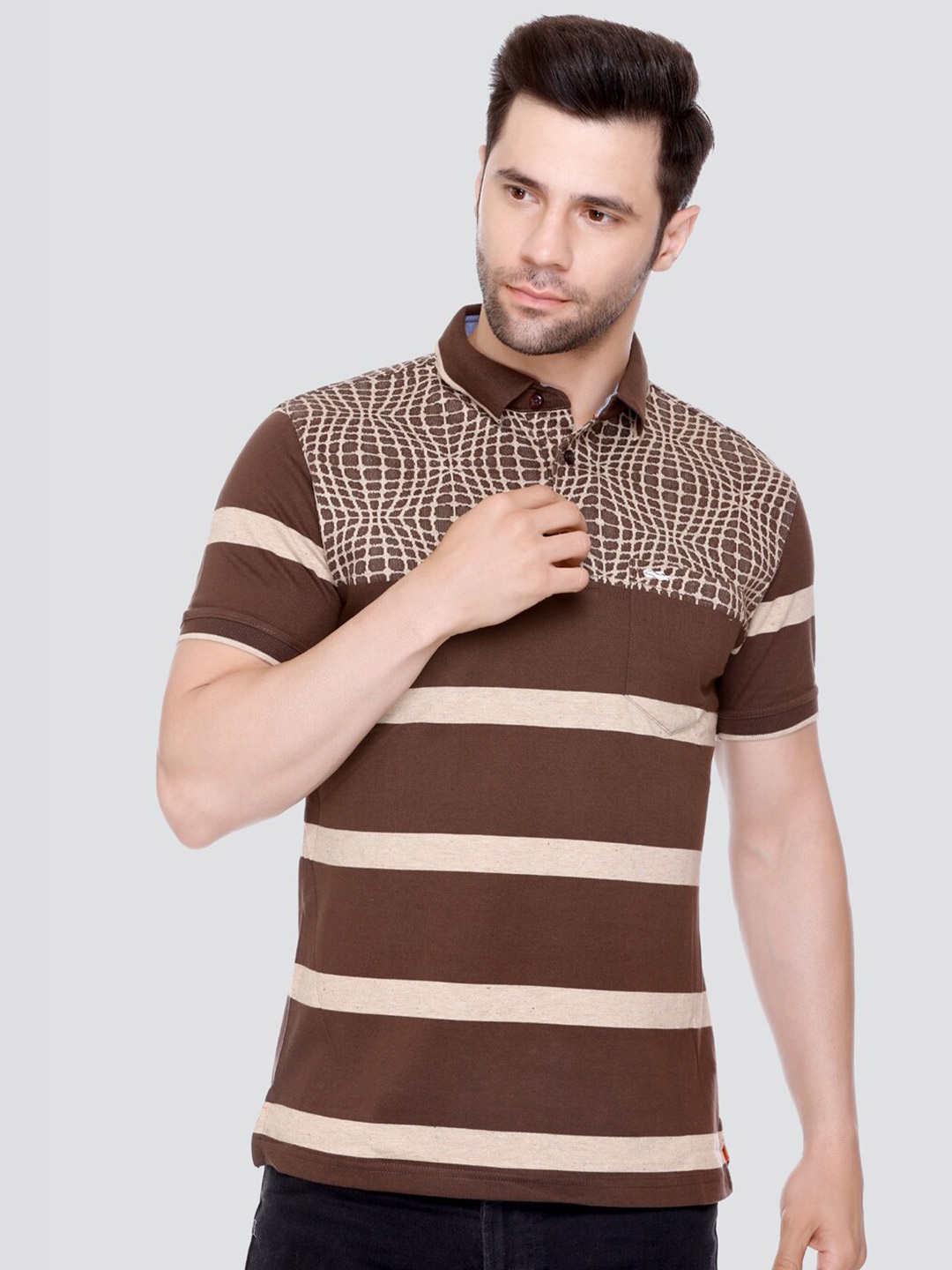 

LEAD & RIDE Striped Polo Collar Cotton T-Shirt, Coffee brown