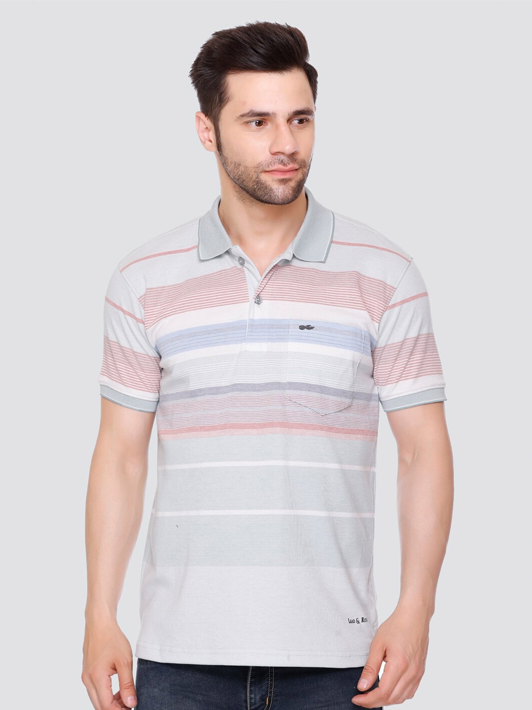 

LEAD & RIDE Striped Polo Collar Cotton T-Shirt, Grey