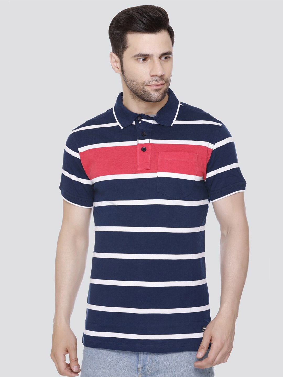 

LEAD & RIDE Striped Polo Collar Cotton T-Shirt, Navy blue