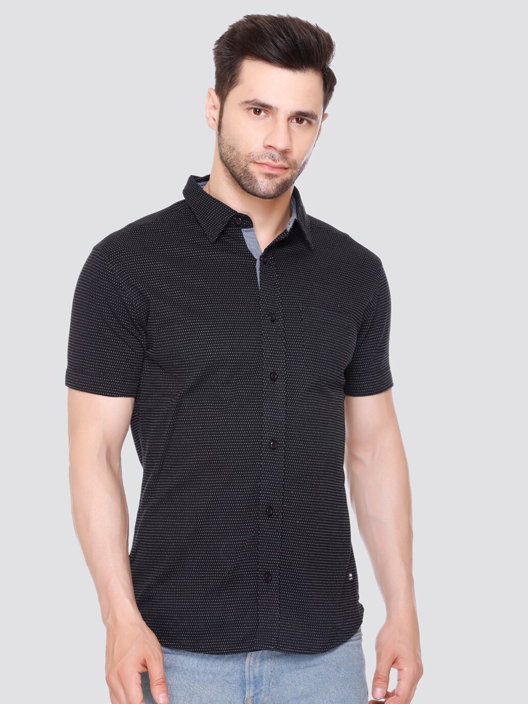 

LEAD & RIDE Micro Ditsy Printed Spread Collar Casual Cotton Shirt, Black