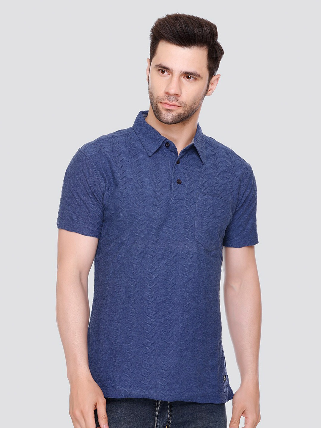 

LEAD & RIDE Self Design Polo Collar Pocket Cotton T-shirt, Blue