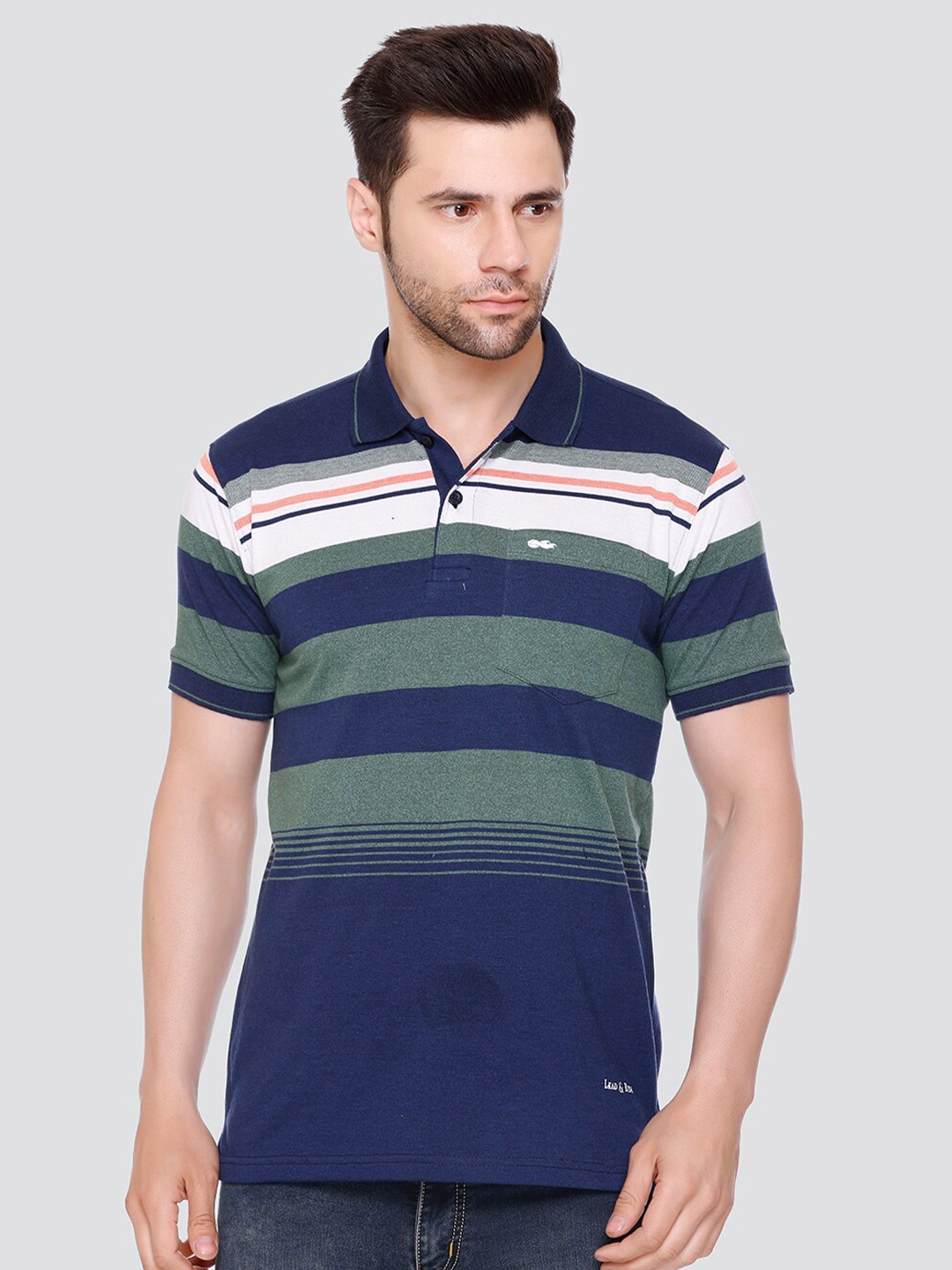 

LEAD & RIDE Striped Polo Collar Pocket Cotton T-shirt, Green