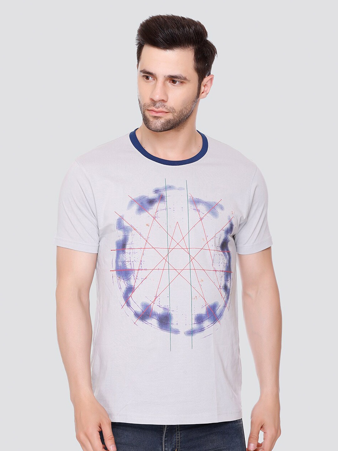 

LEAD & RIDE Round Neck Graphic Printed Cotton T-shirt, Beige