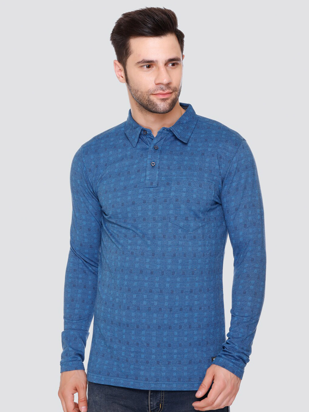 

LEAD & RIDE Geometric Self Design Polo Collar Pocket Cotton T-shirt, Turquoise blue