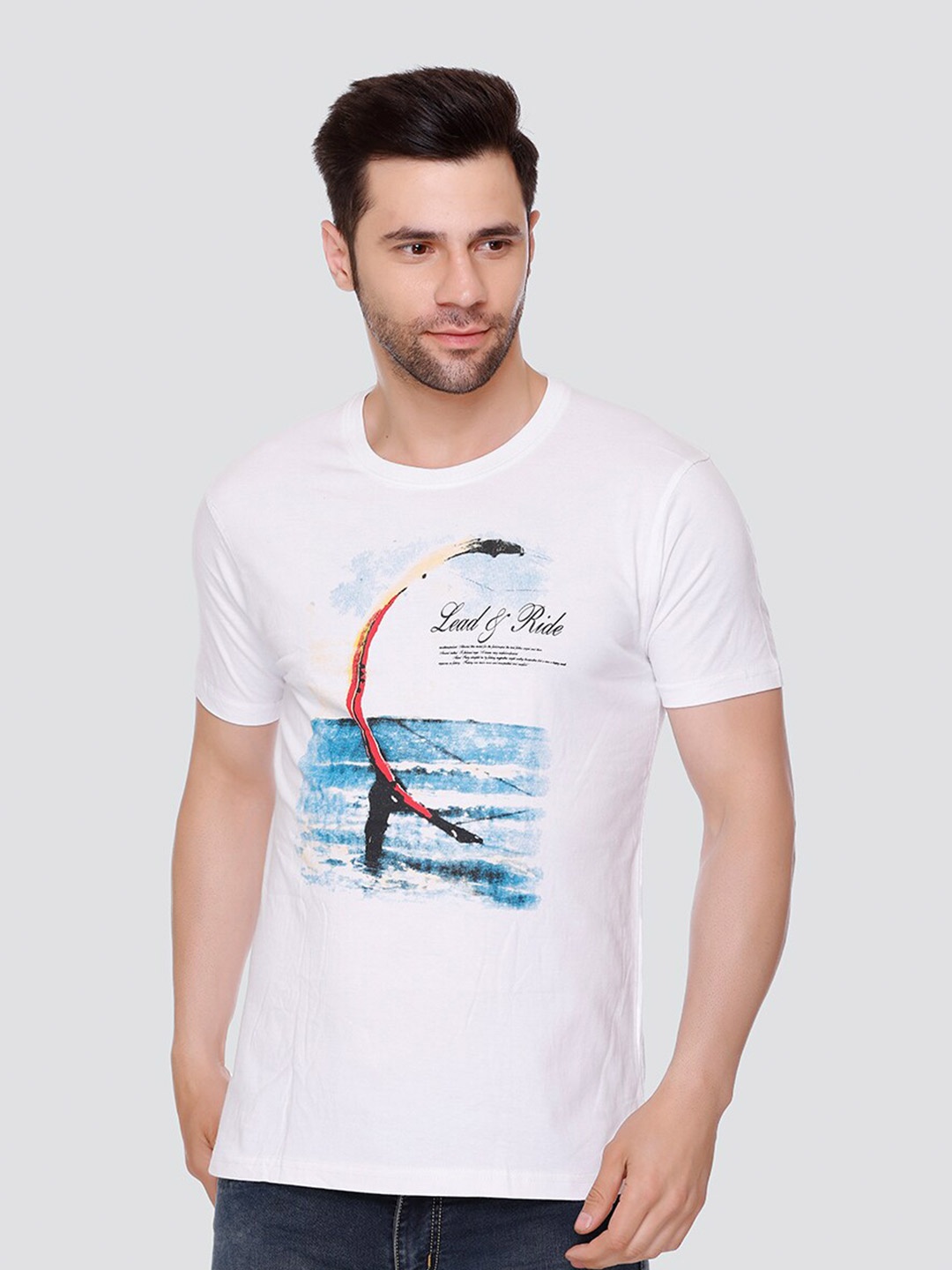 

LEAD & RIDE Round Neck Graphic Printed Cotton T-shirt, White