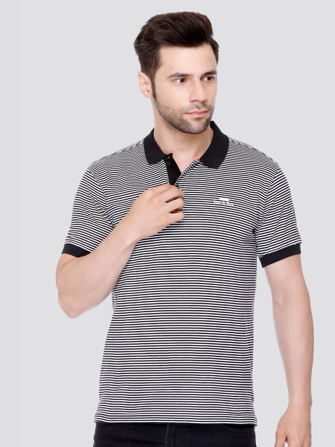 

LEAD & RIDE Striped Polo Collar Cotton T-shirt, Black