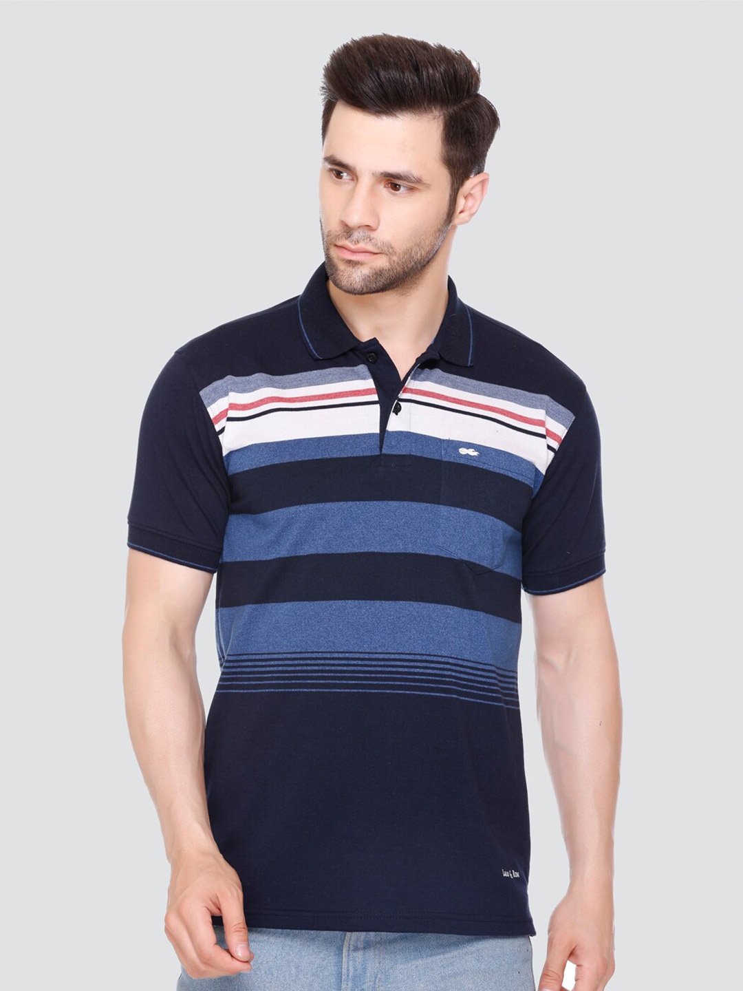 

LEAD & RIDE Striped Polo Collar Pocket Cotton T-shirt, Blue