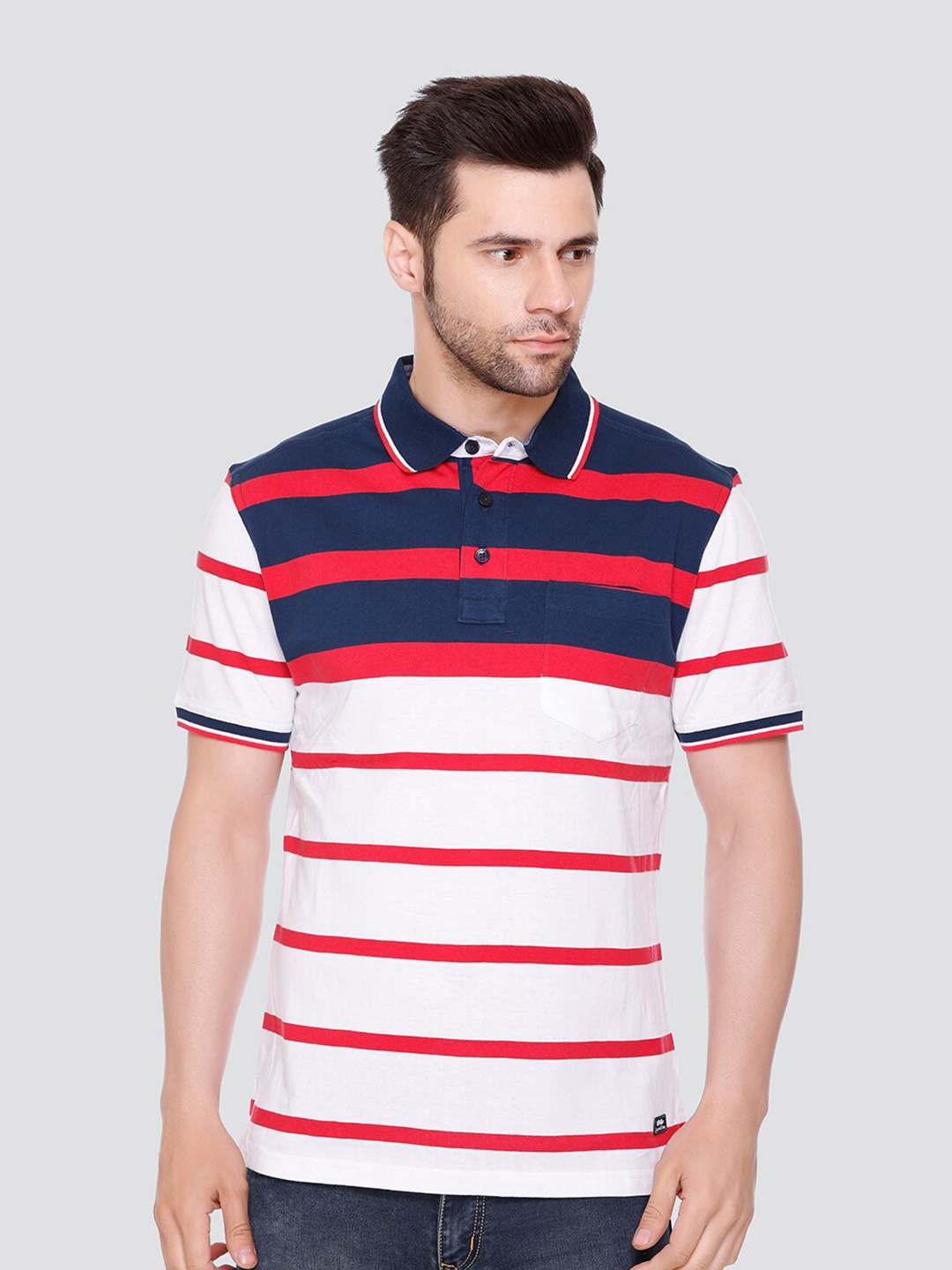

LEAD & RIDE Striped Polo Collar Pocket Cotton T-shirt, Red