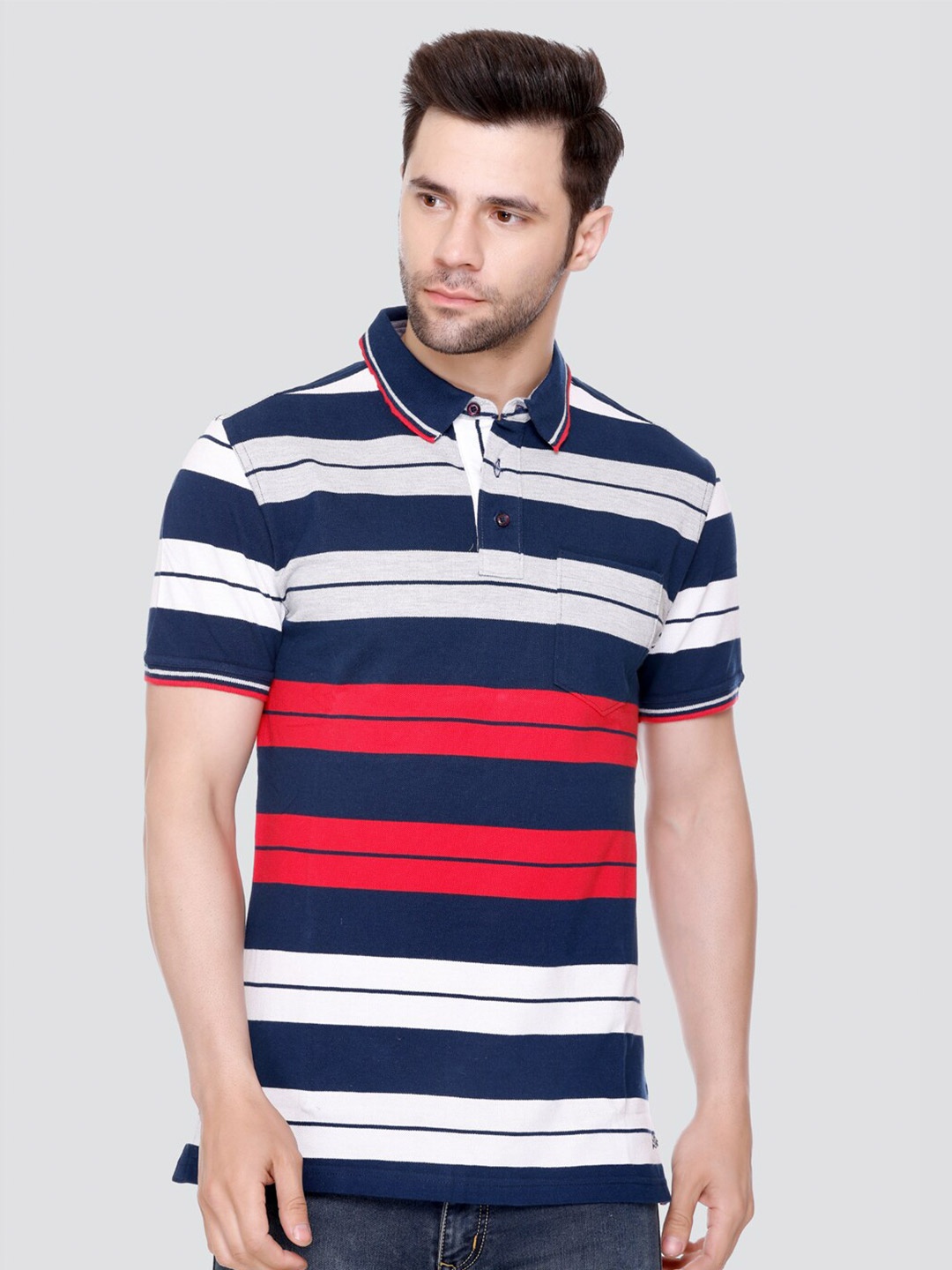 

LEAD & RIDE Striped Polo Collar Pocket Cotton T-shirt, Blue