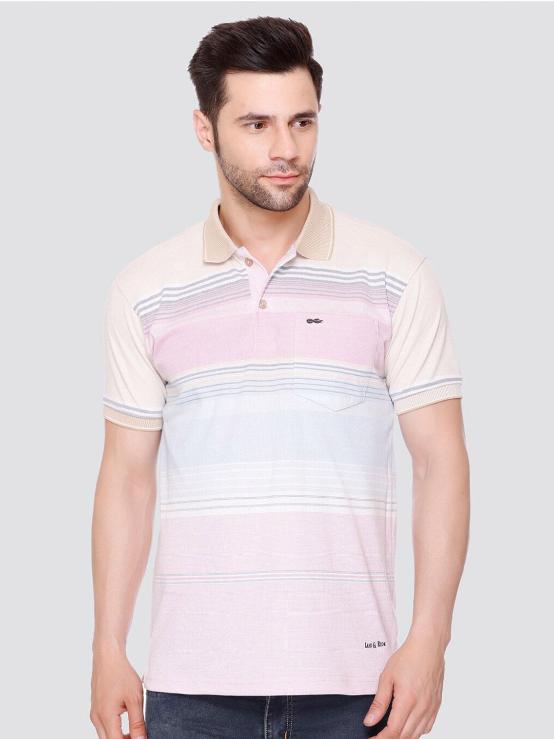 

LEAD & RIDE Striped Polo Collar Pockets Cotton T-shirt, Beige