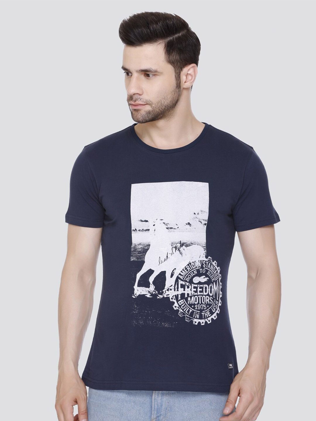 

LEAD & RIDE Round Neck Graphic Printed Cotton T-shirt, Navy blue