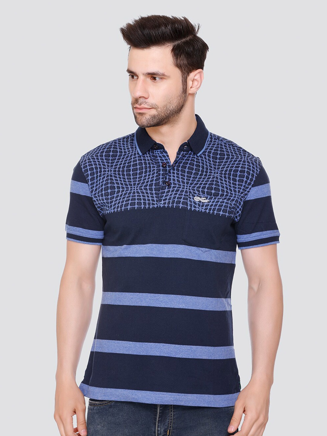 

LEAD & RIDE Striped Polo Collar Pockets Cotton T-shirt, Blue